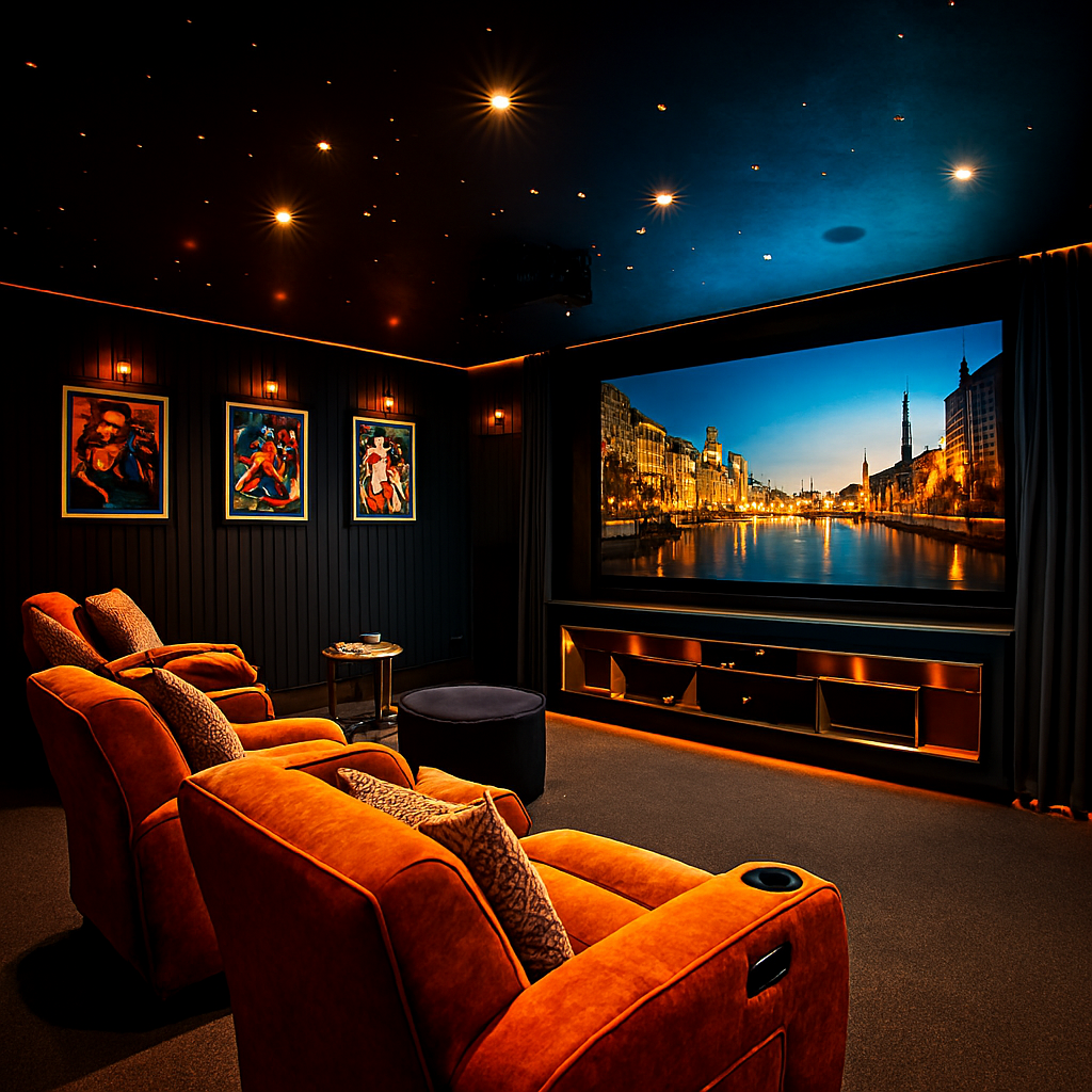 Poltronas reclináveis e quadros acústicos elevam o home cinema. Conforto, estilo e som limpo para filmes, séries e games com imersão total.